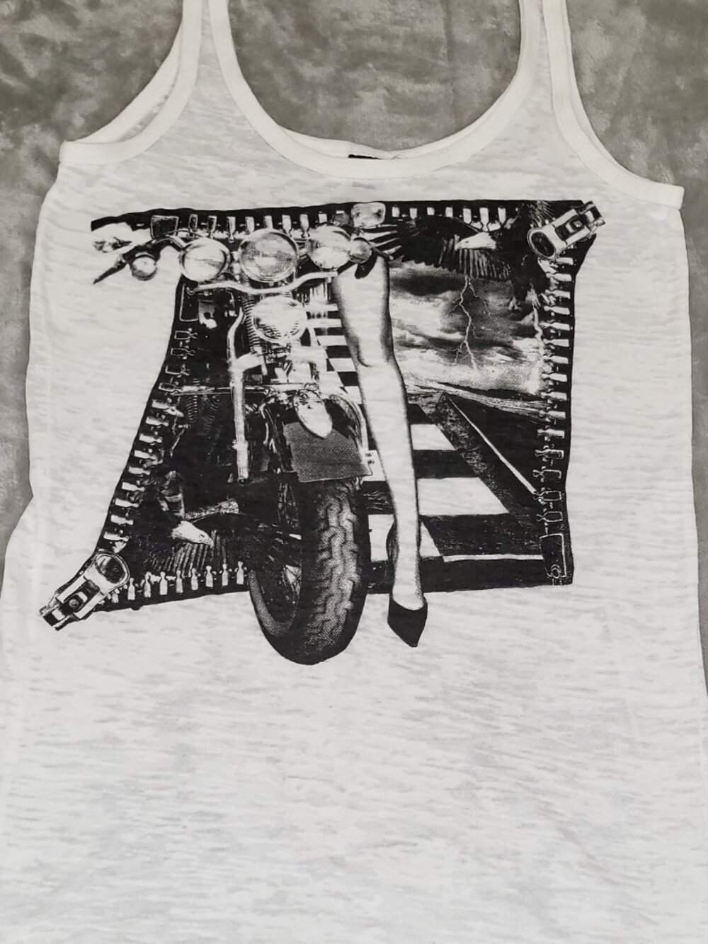 Women's White Burnout Graphic Tank Top Motorcycle Graphic Size M USA Made